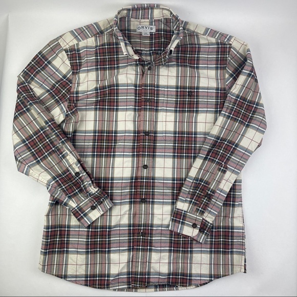 Orvis Button Up Shirt Mens Medium White Red Plaid Long Sleeve - Picture 1 of 9